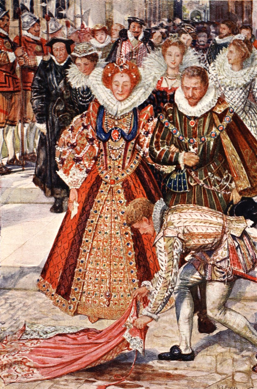 Walter Raleigh kaster sin kappe ned for dronning Elizabeth, illustration fra 