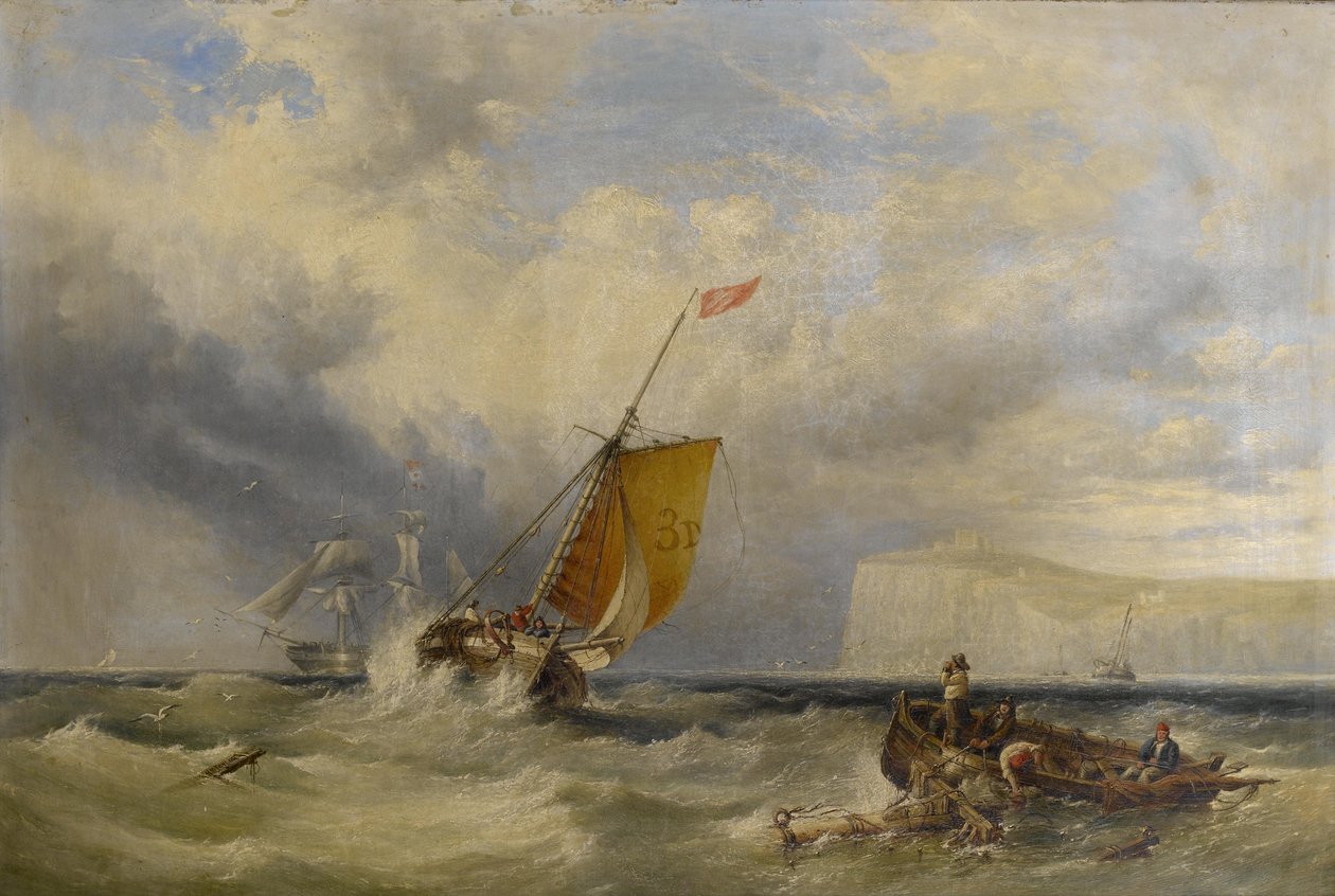 Pilotfræser nr. 3 på vej tilbage på kysten, med en stor købmand hove-to ud i bugten af Henry King Taylor