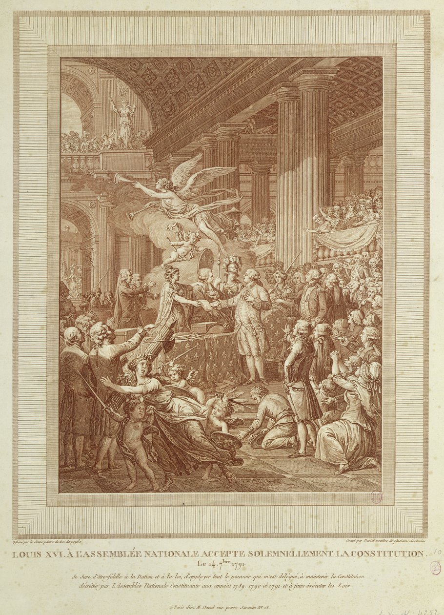 Louis XVI ved nationalforsamlingen, der højtideligt accepterede forfatningen af 14. september 1791 af Henry Le Jeune