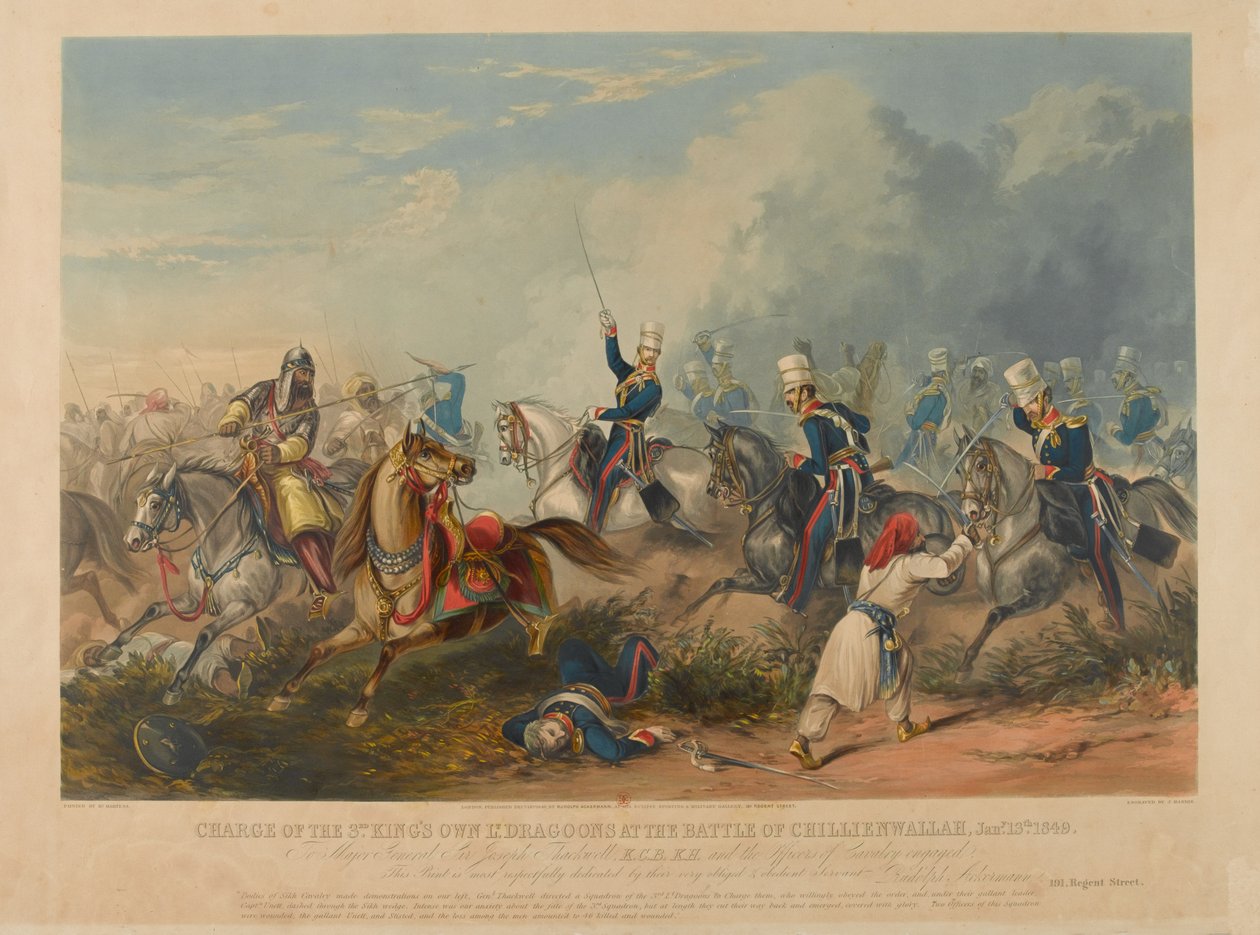 Angrebet af den 3. kongens egne lette dragoner i slaget ved Chillianwala den 13. januar 1849, indgraveret af J. Harris, 1849 (farvet akvatint) af Henry Martens
