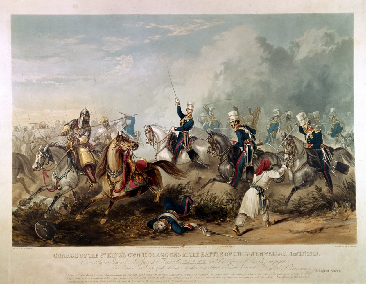 Angrebet af kongens egne lette dragoner i slaget ved Chillianwala den 13. januar 1849, indgraveret af J. Harris, 1849 (farvet akvatint) af Henry Martens