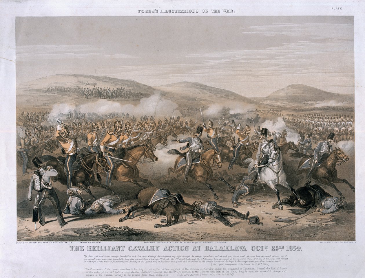 The Brilliant Cavalry Action at the Battle of Balaclava, 25. oktober 1854, indgraveret af Edmund Walker, udgivet 1854 (tonet litho) af Henry Martens