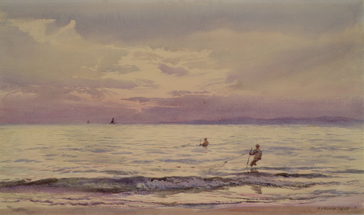 Fiskere, der arbejder ved solnedgang, 1868-71 af Henry Moore