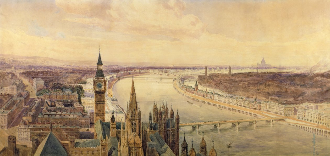 Arkitektonisk panorama af en foreslået plan for Themsens sydlige bred, ca. 1861 (wc) af Henry Newton