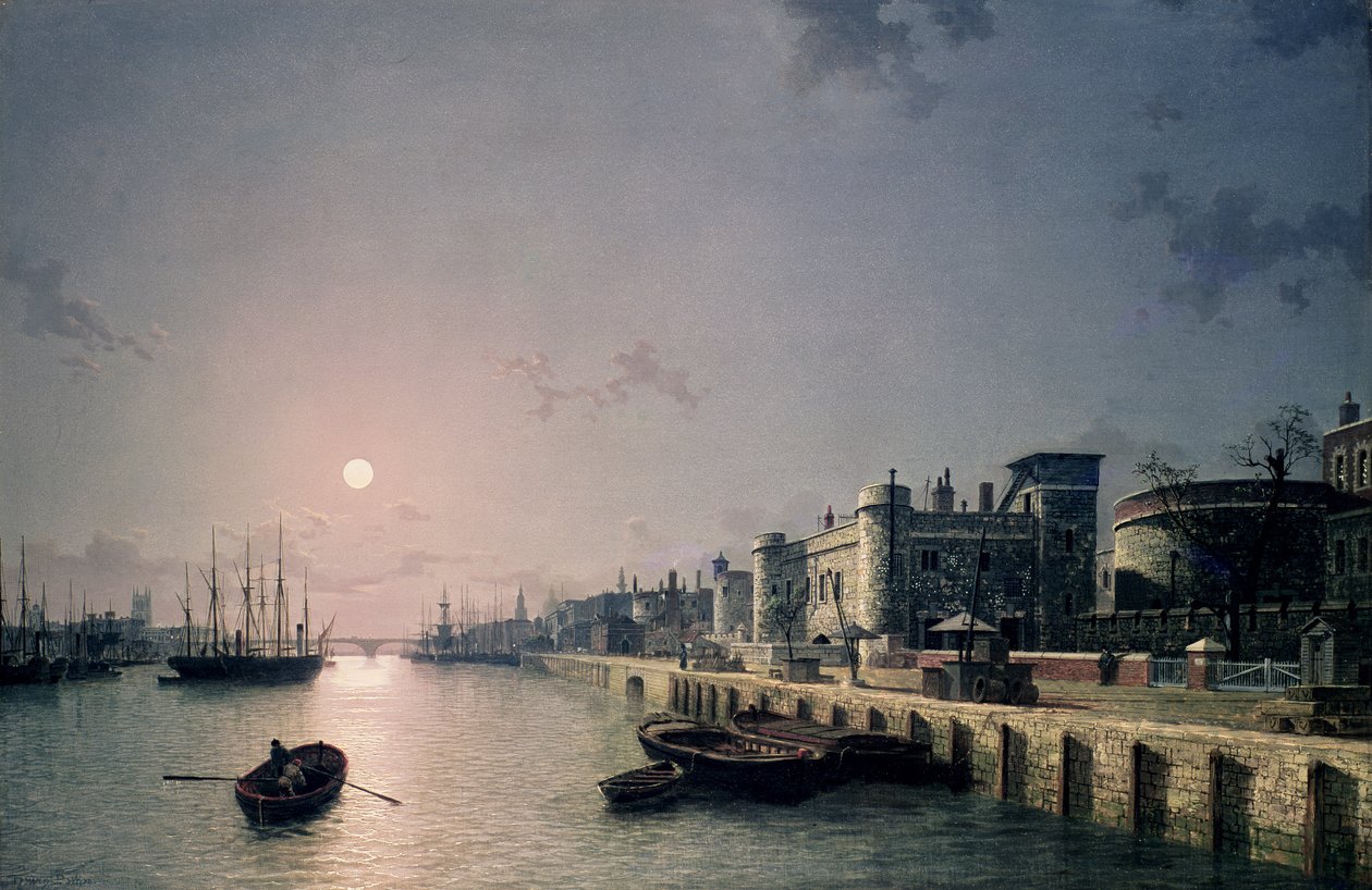 Tower of London og Themsen i måneskin af Henry Pether