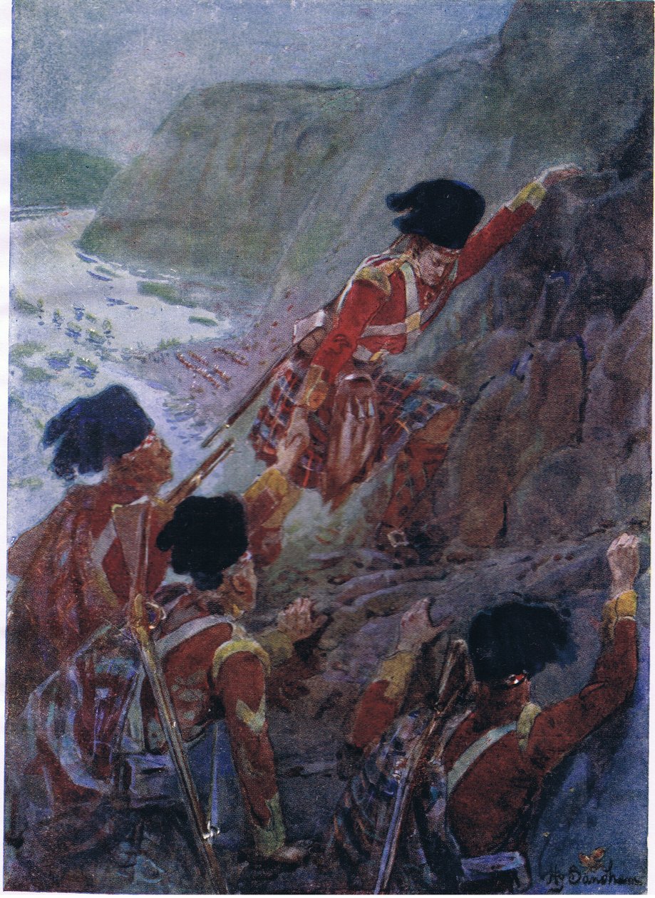 Wolfes hær skalerer klipperne ved Quebec 1759, ca. 1920 af Henry Sandham