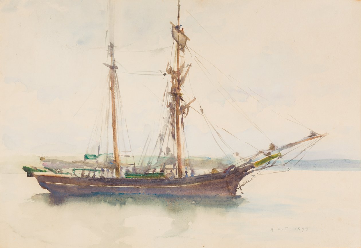 Bark med sejl tabt (wc på papir) af Henry Scott Tuke