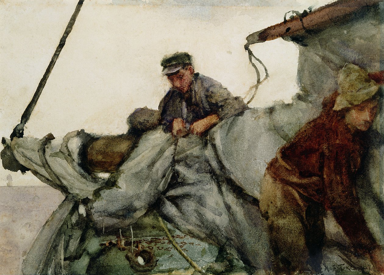 Arbejder på sejlet, 1887 af Henry Scott Tuke
