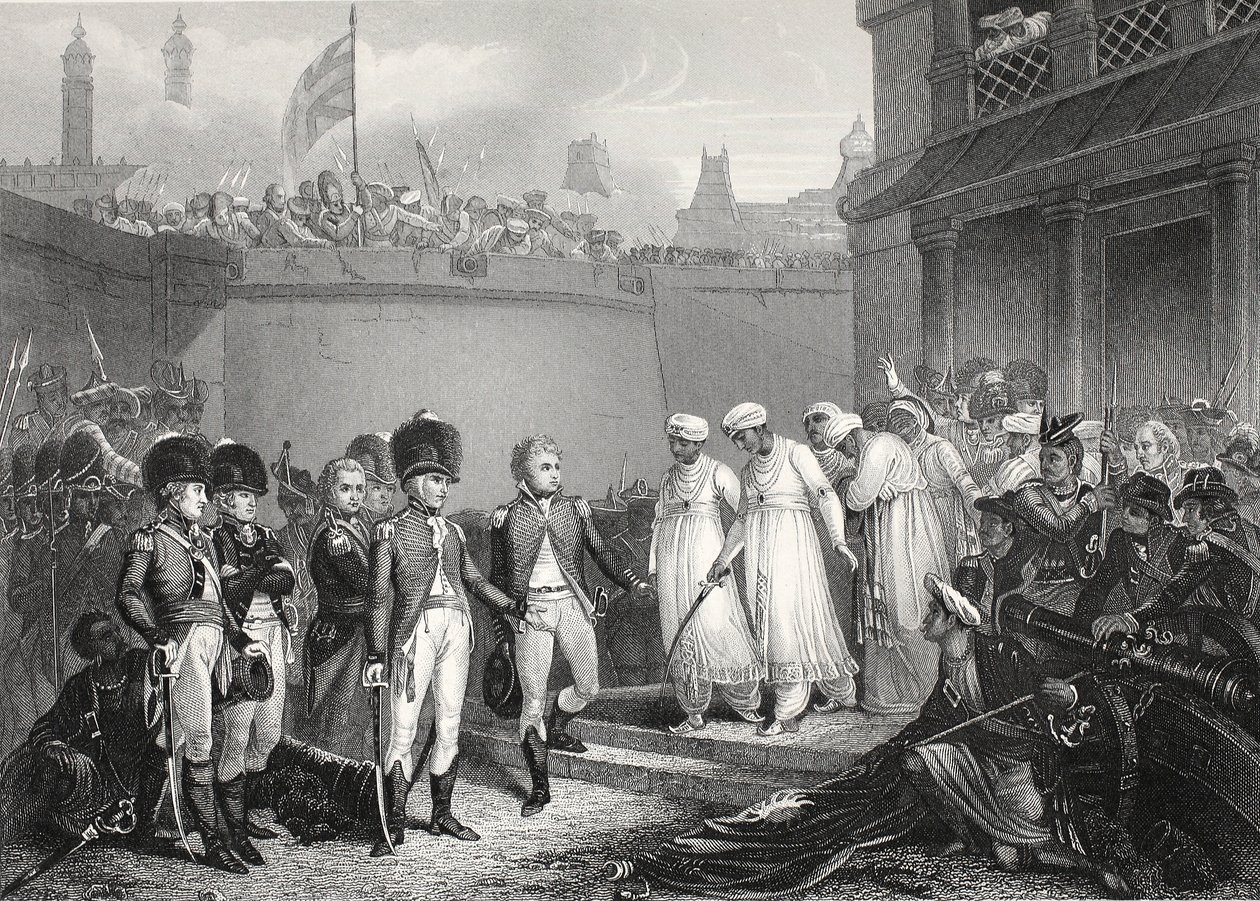 The Surrender of Two Sons of Tippoo Sultaun, indgraveret af A.H. Payne af Henry Singleton