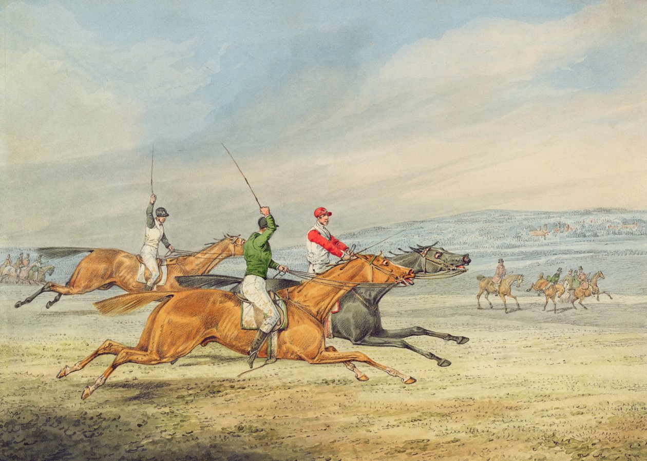 Steeplechasing: Tre ryttere galopperer til højre, monterede tilskuere i baggrunden (grafit og wc på papir) af Henry Thomas Alken