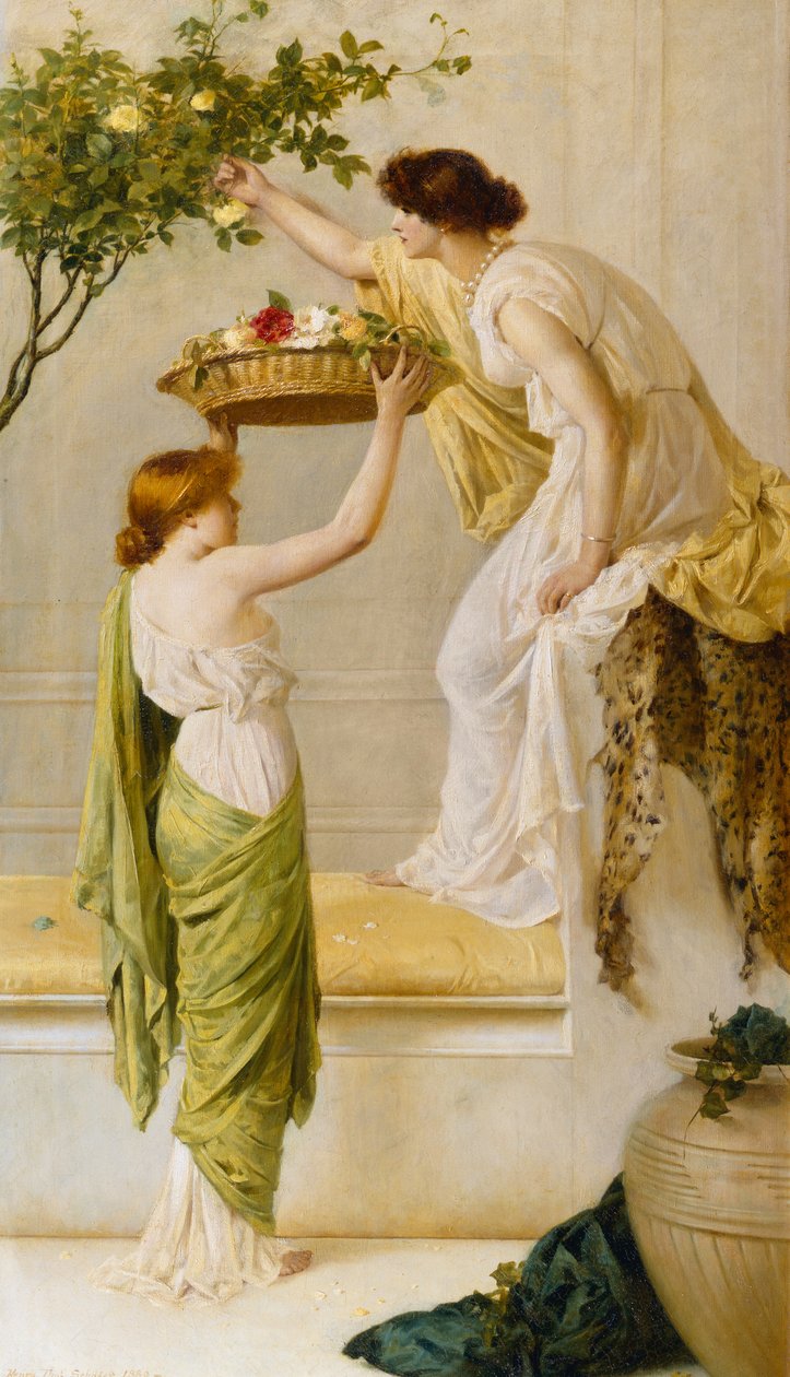 En kurv med roser, græske piger, ca.1890 af Henry Thomas Schaefer