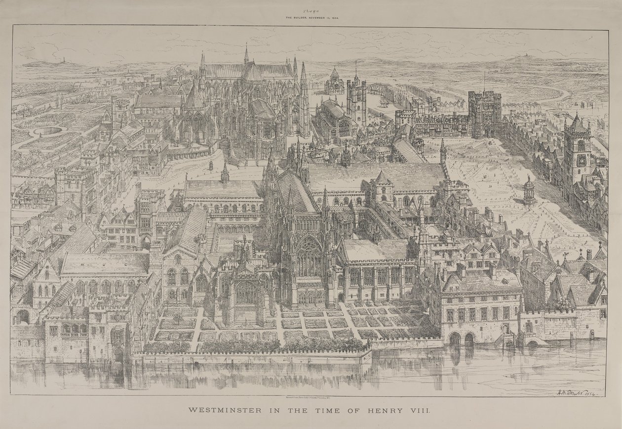 Luftfoto af Westminster Abbey og Palace of Westminster i Henry VIII
