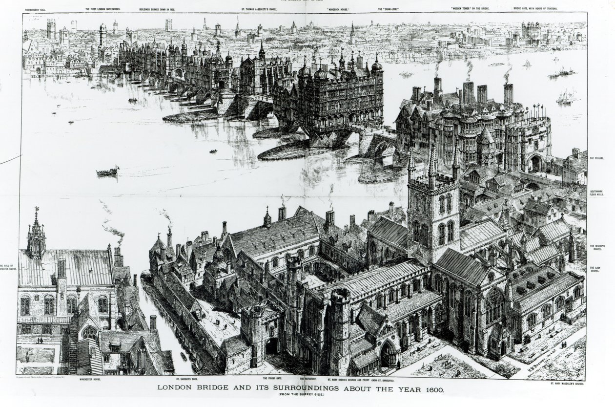 London Bridge og dens omgivelser omkring år 1600, fra "Old London Illustrated, a Series of Drawings illustrating London in the XVIth Century", 1884. af Henry William Brewer