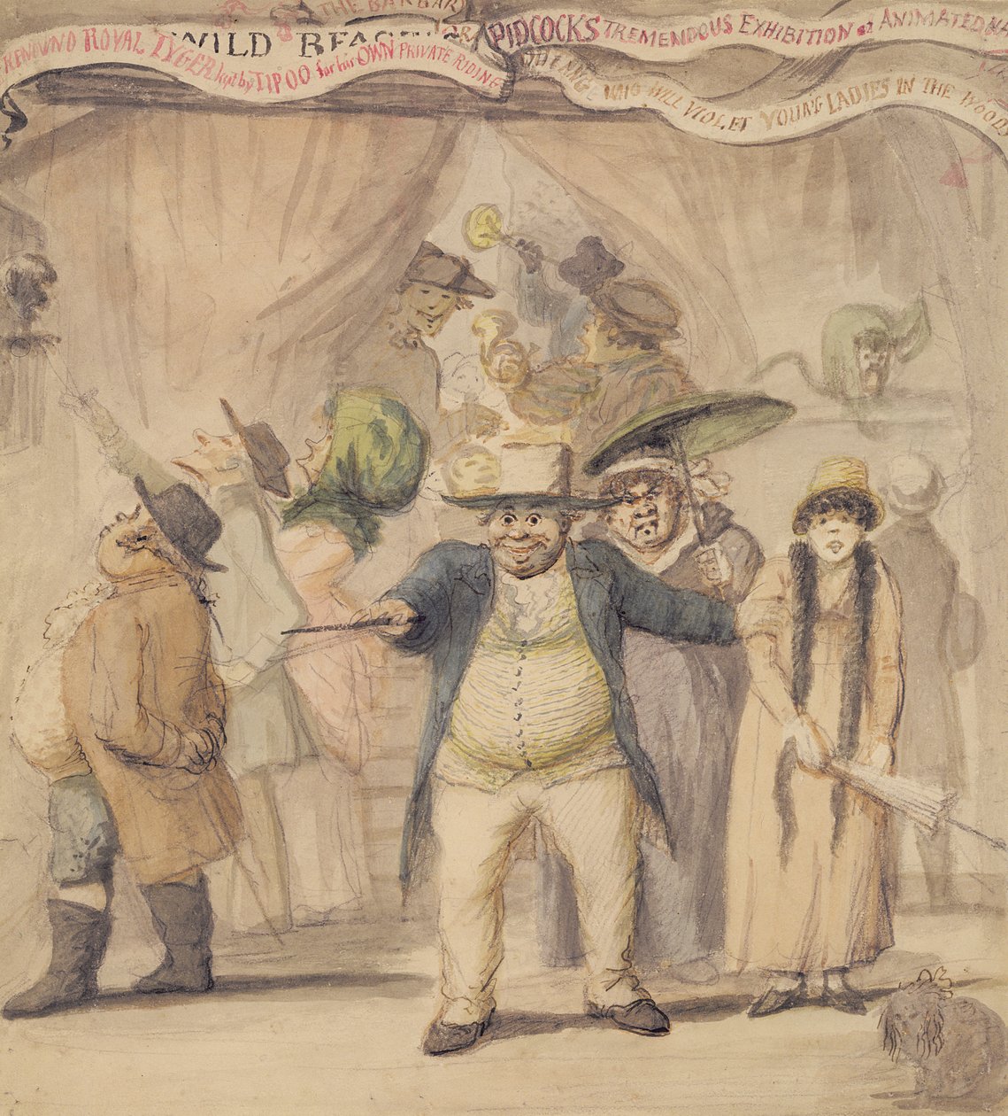 Indgang til Pidcocks udstillingstelt på en messe (pen og wc på papir) af Henry William Bunbury