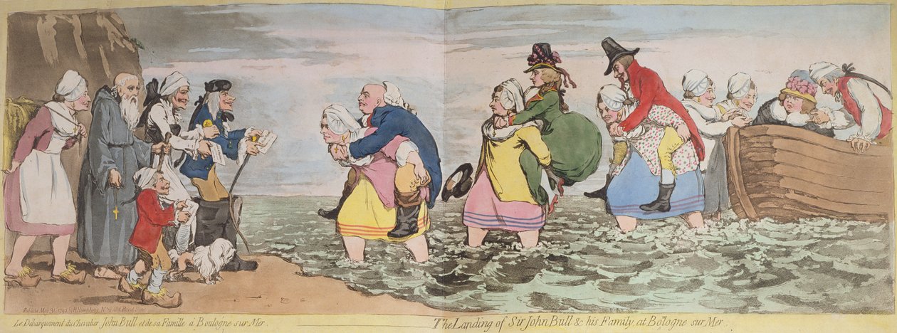 Le Debarquement du Chevalier John Bull et de sa famille a Boulogne sur Mer, or The Landing of Sir John Bull und his Family at Bologne sur Mer, graveret af James Gillray (1756-1815) udgivet af Hannah H af Henry William Bunbury