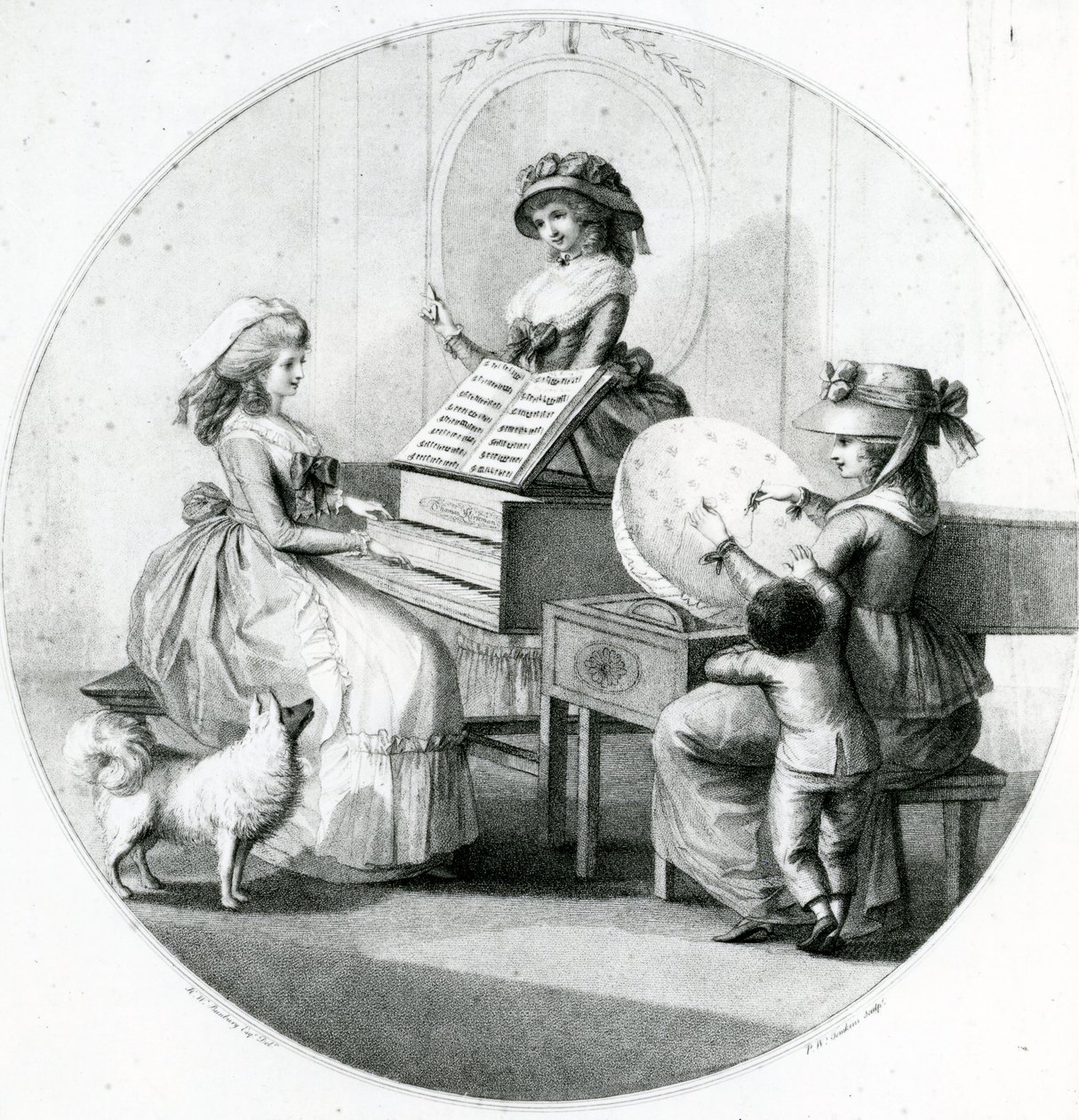 Morgenbeskæftigelser, tre unge piger med spinet og broderi af Henry William Bunbury