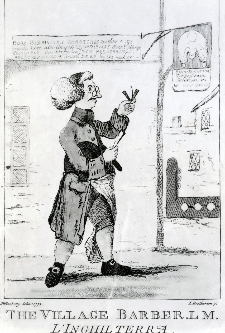 Landsbybarberen L. M. Inglaterra, graveret af James Bretherton (1750-99), 1772 af Henry William Bunbury