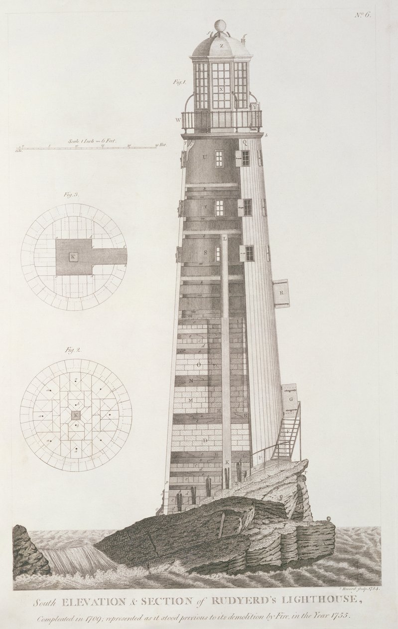 Eddystone Lighthouse indgraveret af John Record (fl.1768-80), 1784 af Henry Winstanley