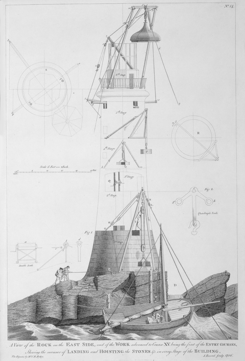 Edystone Fyrtårn, graveret af John Record (fl.1768-86), 1786 af Henry Winstanley
