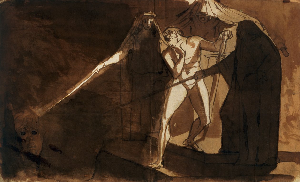 Macbeth og de tre hekse viser ham det bevæbnede hoved (akvarel) af Johann Heinrich Füssli