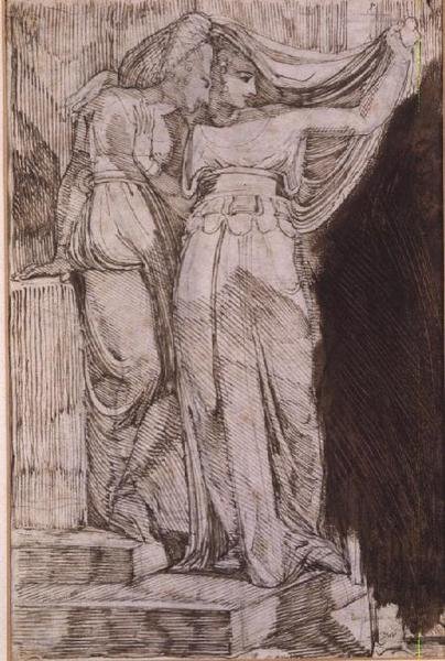 To kvindelige figurer stående på trapper, Rom, maj 1787 af Johann Heinrich Füssli