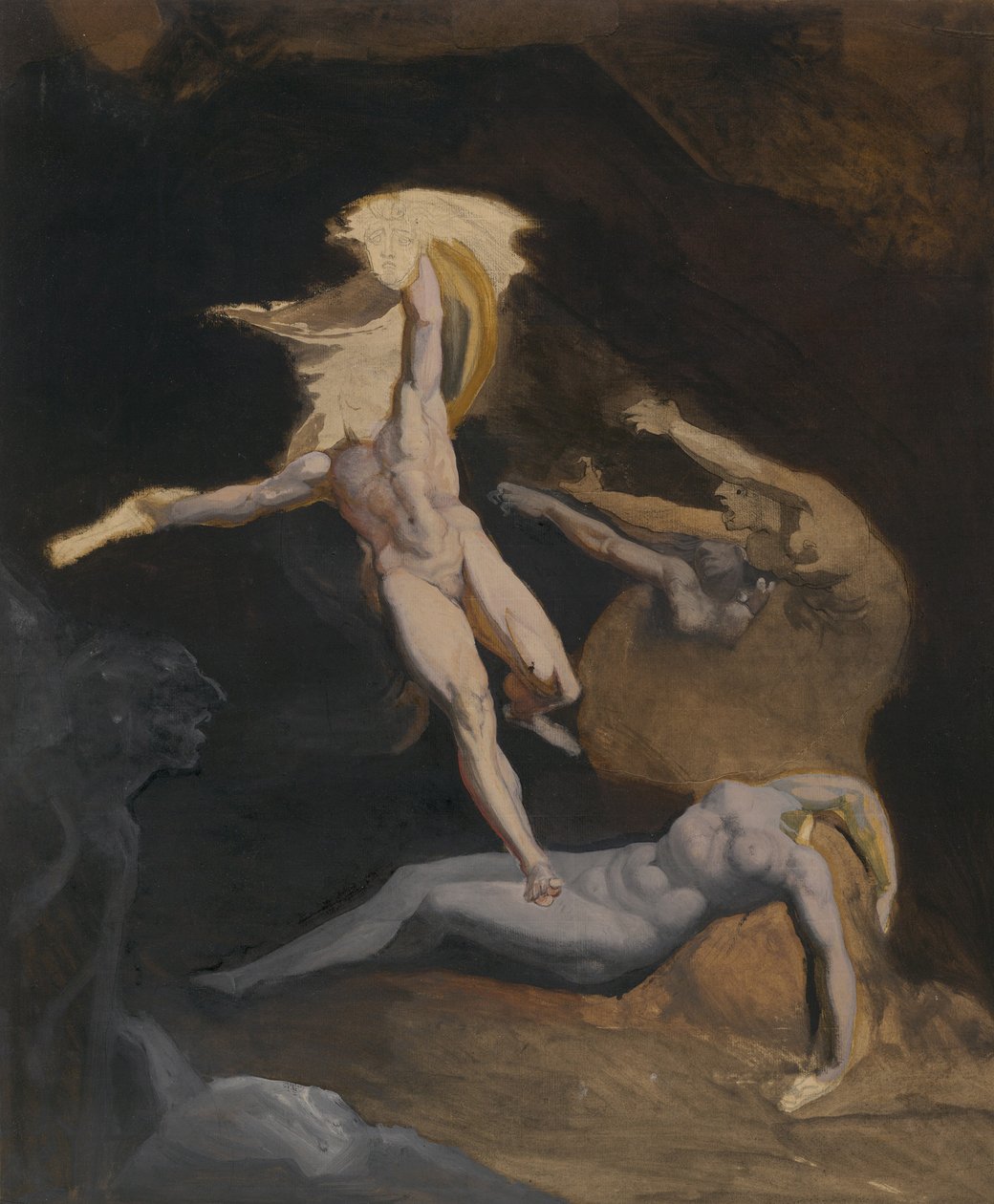 Perseus Slaying the Medusa (olie- og olievask, over grafit med strejf af pen og sort blæk, på brunfarvet papir, lagt ned på råhvidt japansk papir) af Henry (1741 1825) (attr.to) Fuseli
