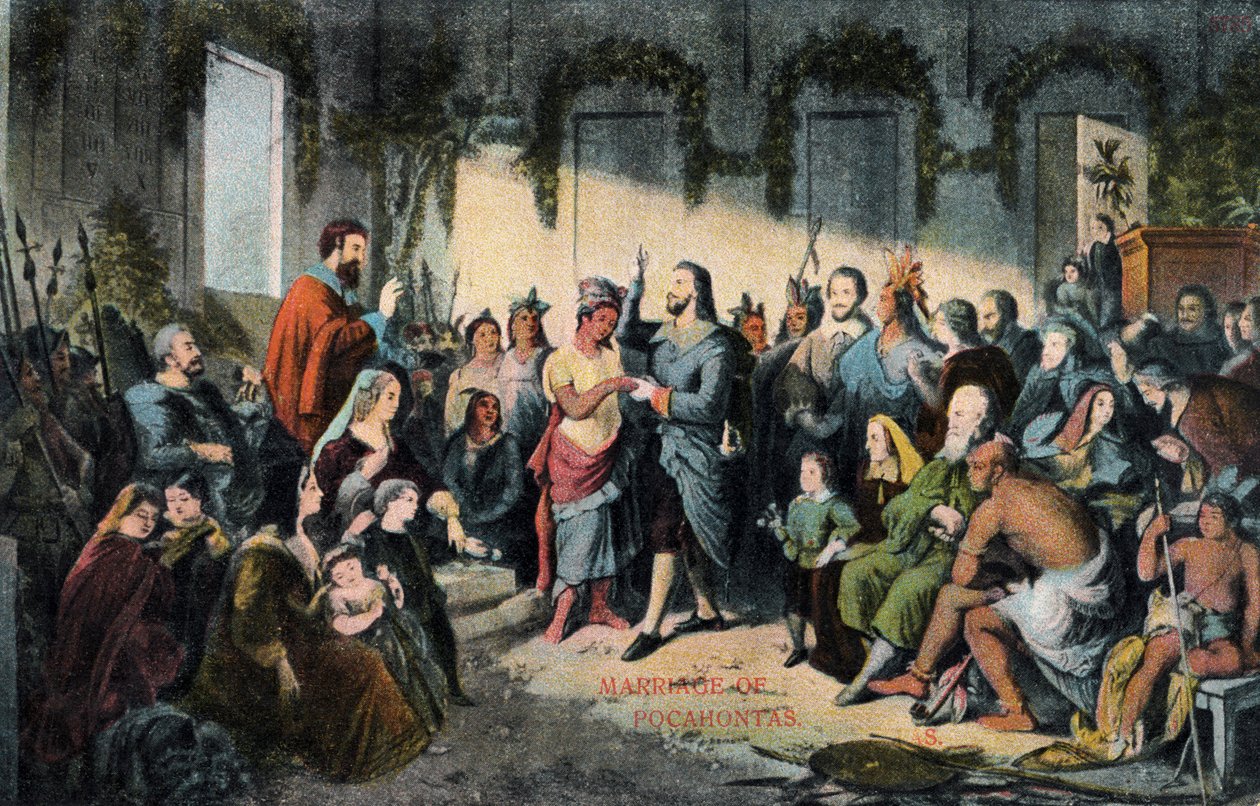 Ægteskabet mellem Pocahontas og John Rolfe i Jamestown i 1614 af Henry (after) Brueckner