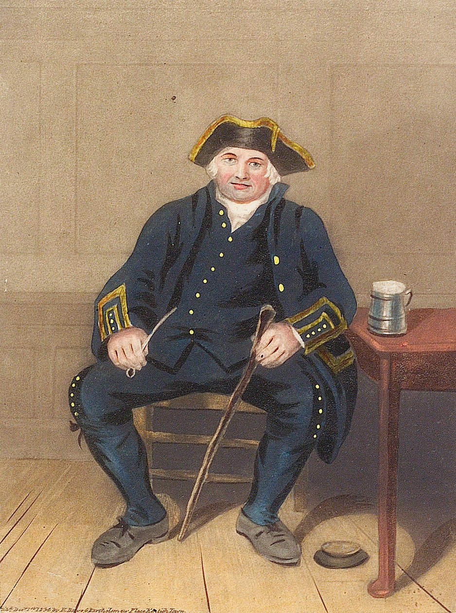 Portræt af Greenwich-pensionist, siddende med lerpibe og kande (akvatinte) af Henry (after) Dawe