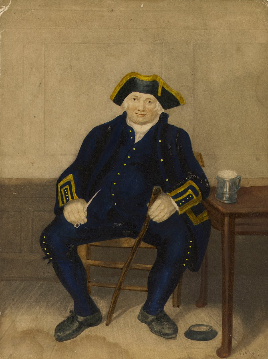 Portræt af Greenwich-pensionist, siddende med lerpibe og kande (akvatinte) af Henry (after) Dawe