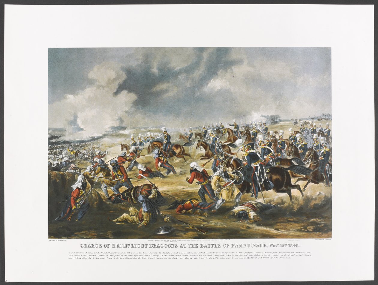 Sigtelse af H.M. 14. lette dragoner i slaget ved Ramnuggur, 22. november 1848, graveret af J. Harris, ca. 1851 (fotolitho i farve) af Henry (after) Martens
