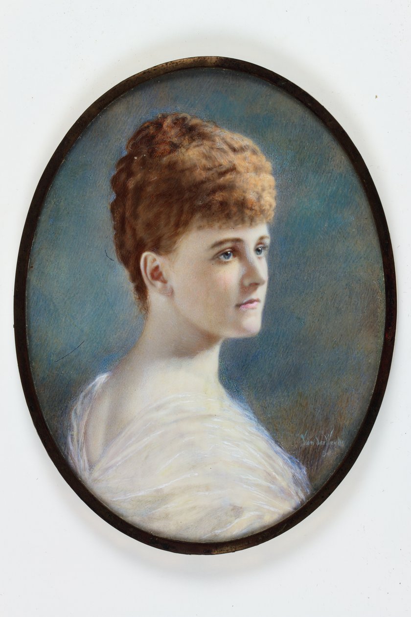 En dame i en hvid kjole, sandsynligvis Frances Evelyn (Daisy) Greville, født Maynard, Lady Brooke, senere grevinde af Warwick af Henry (attr.to) Van der Weyde