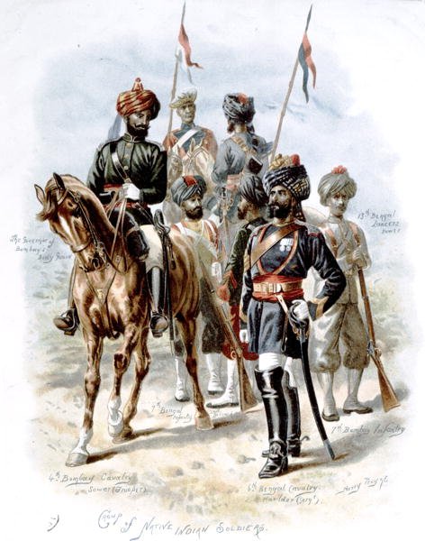 Gruppe af indfødte indiske soldater, begyndelsen af det tyvende århundrede (farve litho) af Henry A. Payne