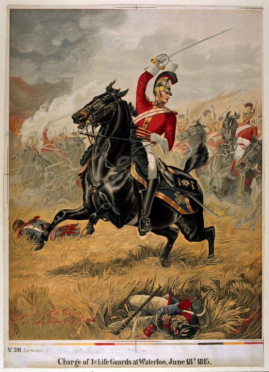 The Charge of the 1st Life Guards at Waterloo, udgivet ca. 1890 (chromolitho) af Henry A. Payne