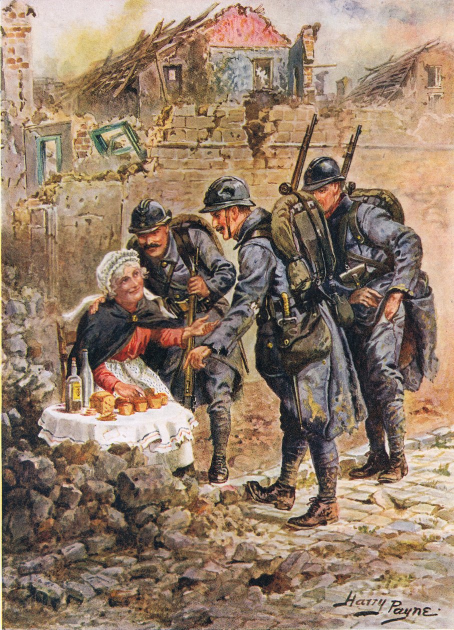 En gammel kvinde, der sælger kager midt i de faldende huse i Verdun, illustration fra Brave Deeds by Brave Men af C. Sheridan Jones, pub. 1922 af Henry A. 1868 1940 Payne