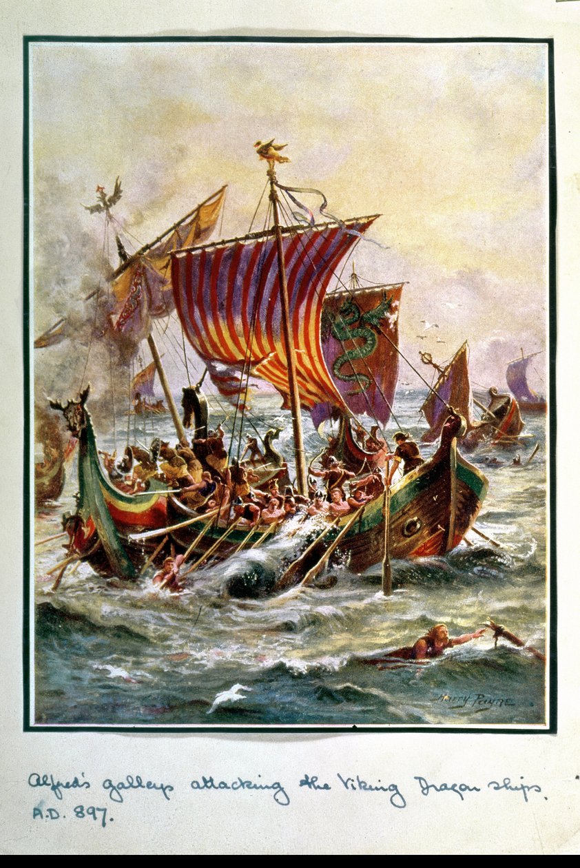 Alfreds kabysser angriber vikingedrageskibene, 897 e.Kr., illustration fra 