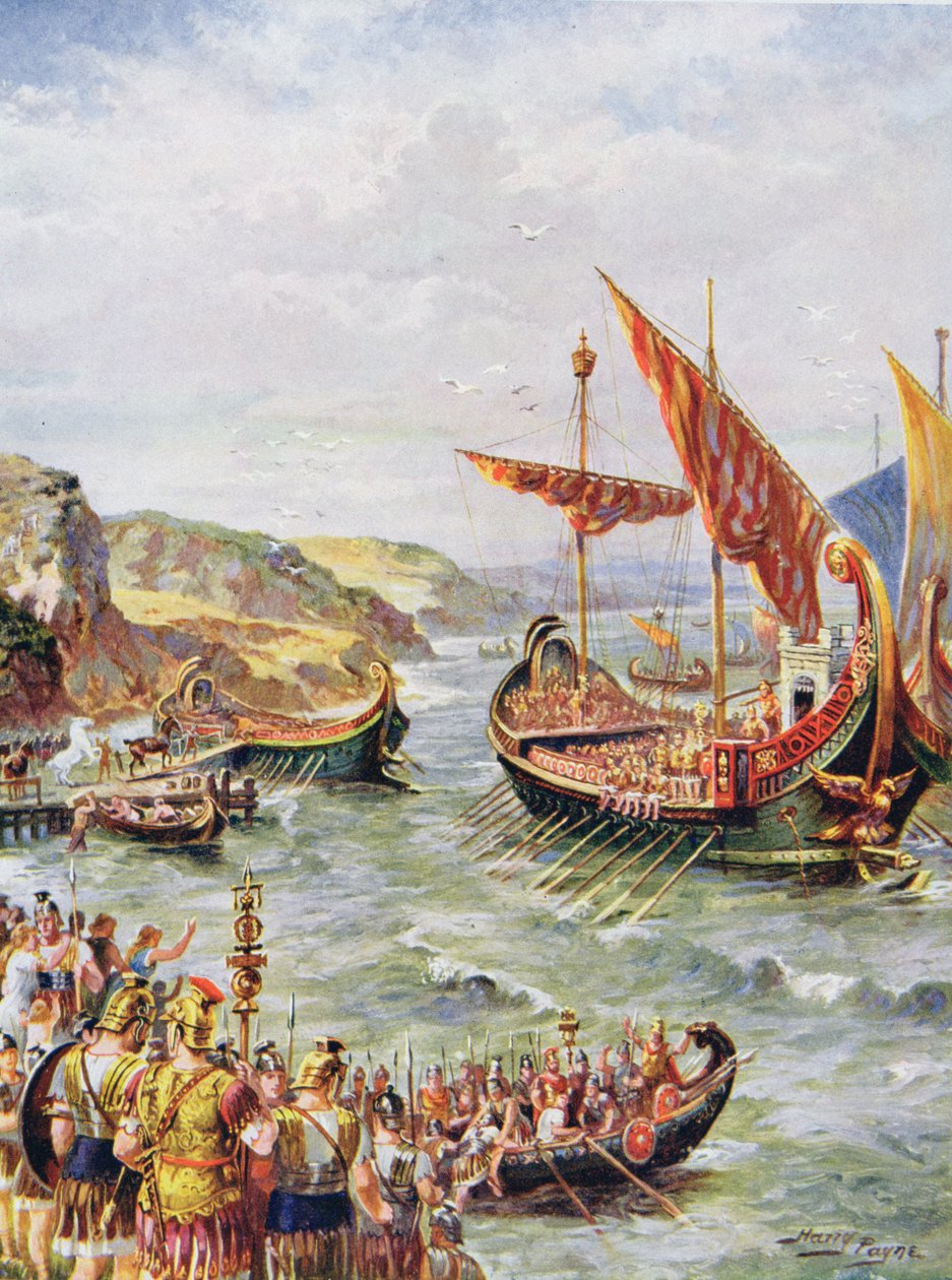 Romernes afgang fra Storbritannien efter plyndringen af Rom i 410 e.Kr., illustration fra 