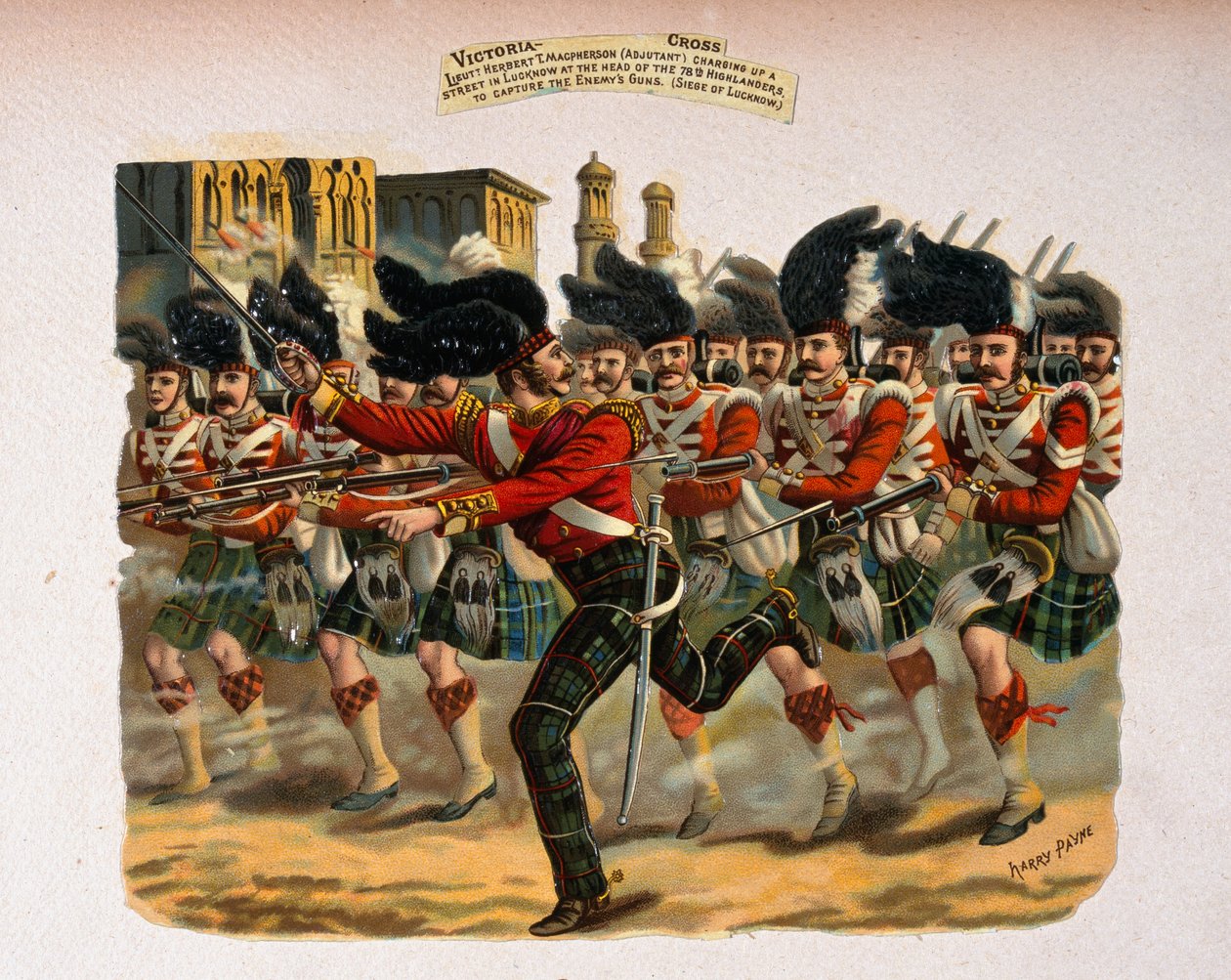 Løjtnant Herbert T. Macpherson stormer op ad en gade i Lucknow i spidsen for 78th Highlanders, fra en serie med titlen 