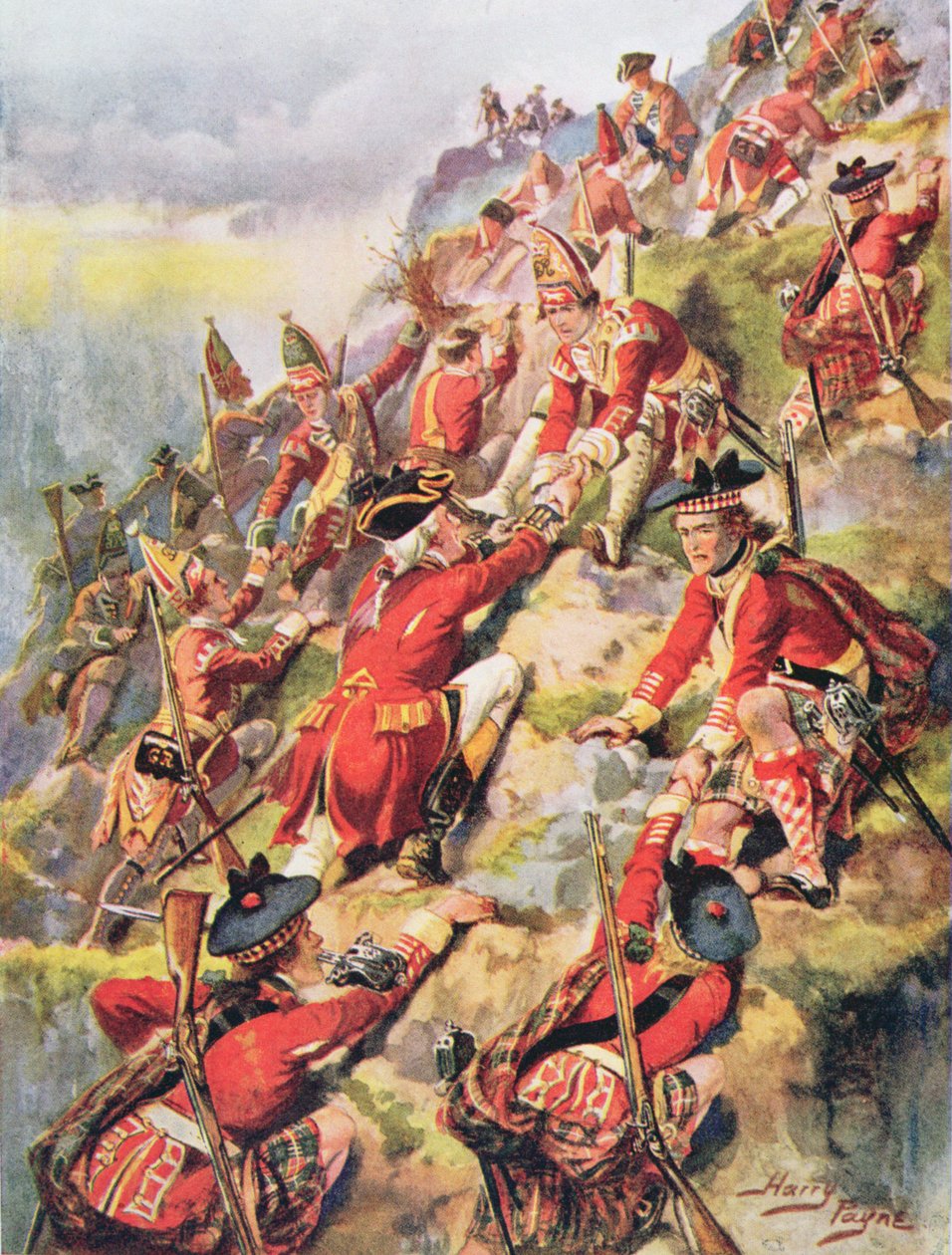 Scaling the Heights of Abraham, illustration fra "Glorious Battles of English History" af major C.H. Wylly, 1920