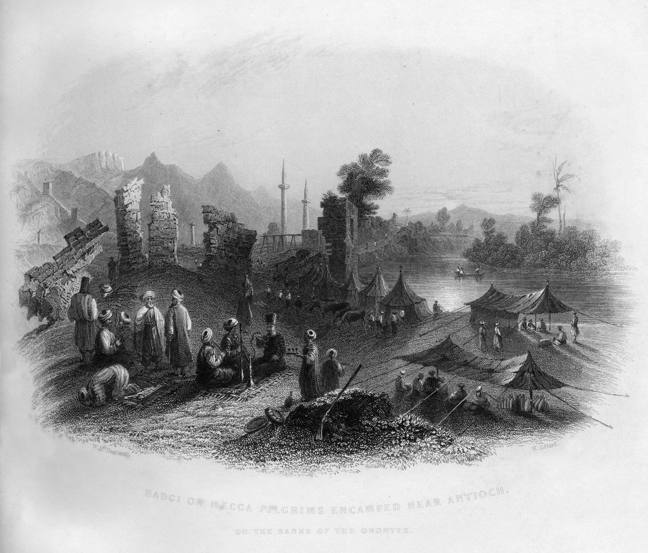 Hadgi Mekka-pilgrimme slog lejr nær Antiokia, på bredden af Orontes, Tyrkiet, 1841. af Henry Adlard