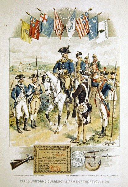 Amerikanske flag, uniformer, revolutionens valuta og våben, illustration fra 