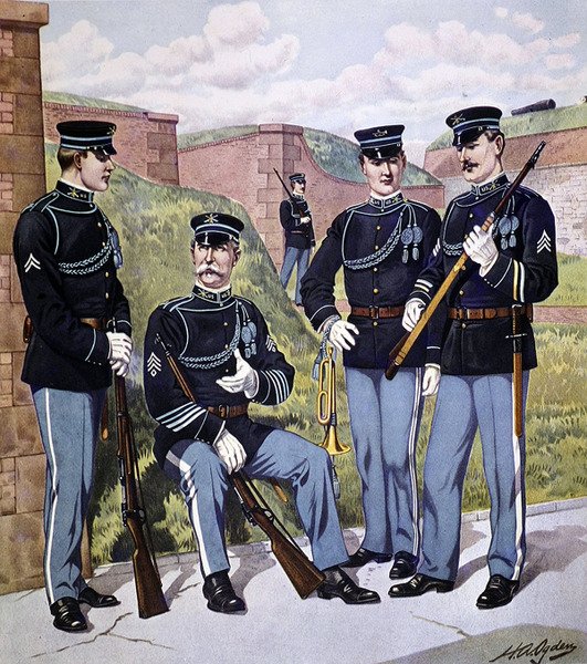 U.S. infanteri heldragt 1902-07 bevæbnet med amerikansk magasinriffel model 1903 (farve litho) af Henry Alexander (after) Ogden