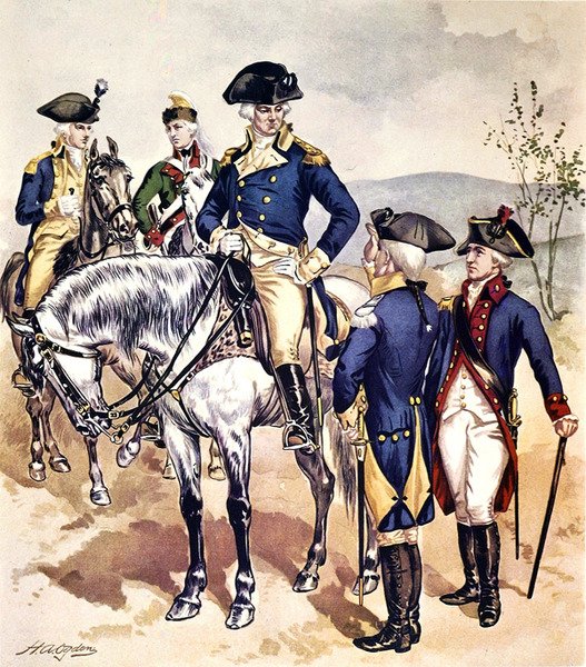 Amerikanske hæruniformer fra 1779-83 (akvarel på papir) af Henry Alexander Ogden
