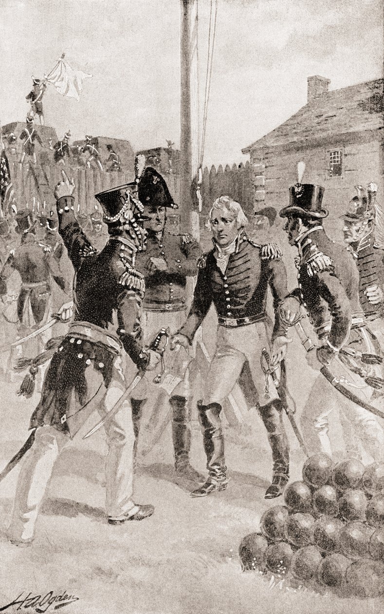 Brigadegeneral William Hull overgiver fortet og byen Detroit, Michigan, Amerika under The Siege of Detroit, fra The History of Our Country, udgivet 1905 af Henry Alexander Ogden