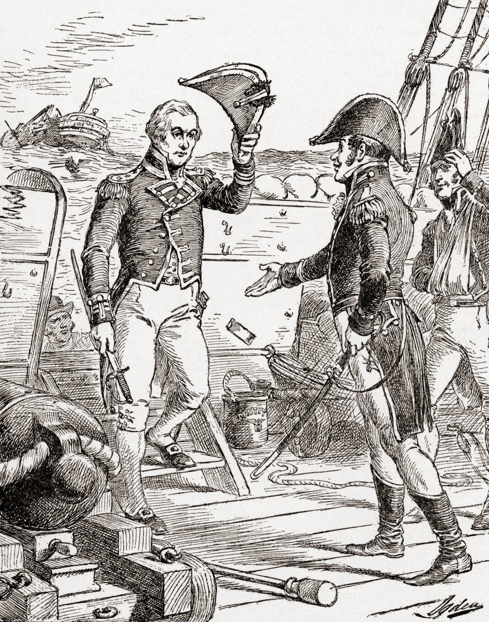 Kaptajn Dacres fra HMS Guerriere overgiver sig og tilbyder sit sværd til kaptajn Hull ombord på USS Constitution efter hans nederlag under krigen i 1812, fra The History of Our Country, udgivet 19 af Henry Alexander Ogden