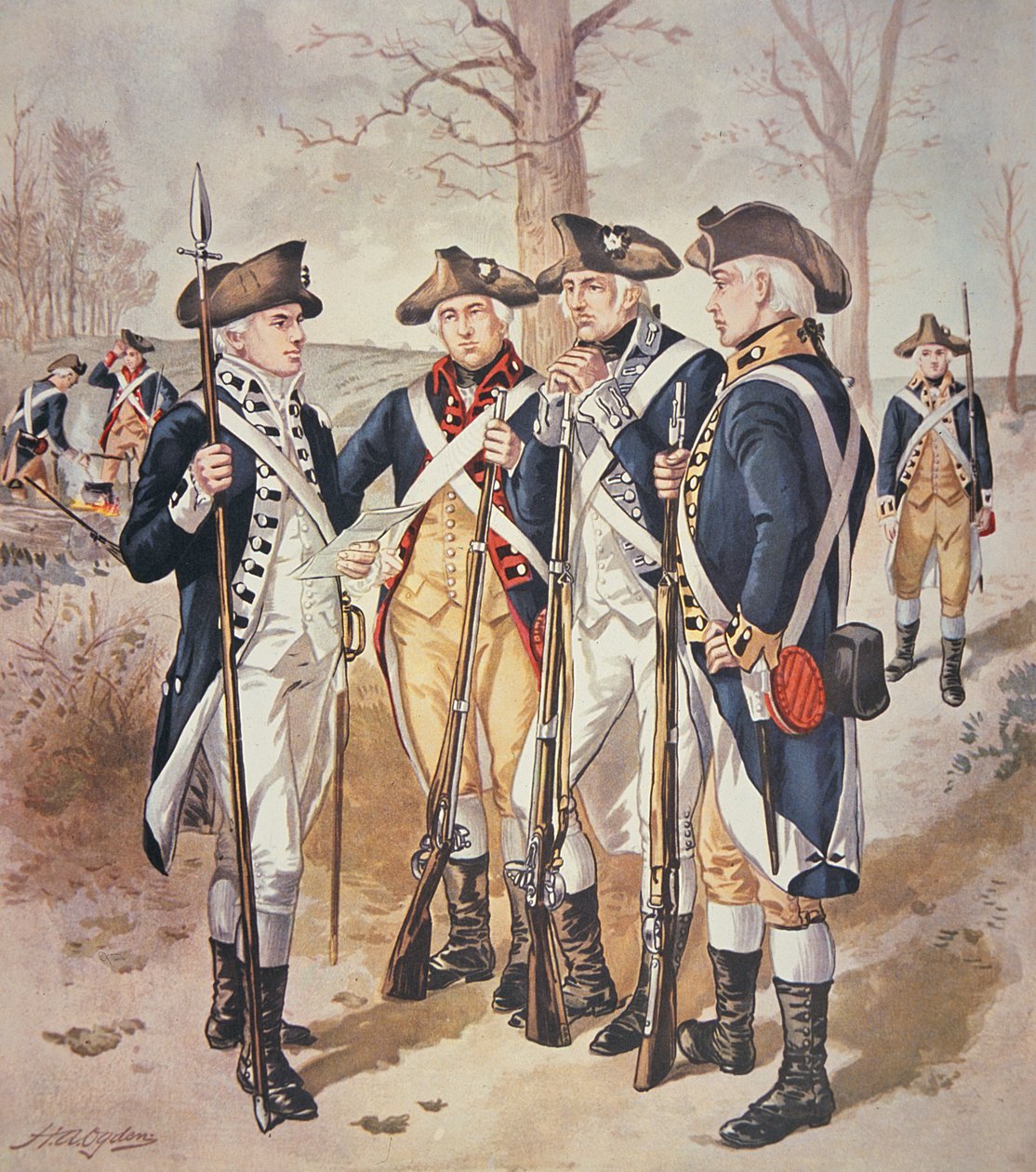 Infanteriuniformer fra den (amerikanske) kontinentale hær 1779-83 (akvarel på papir) af Henry Alexander Ogden