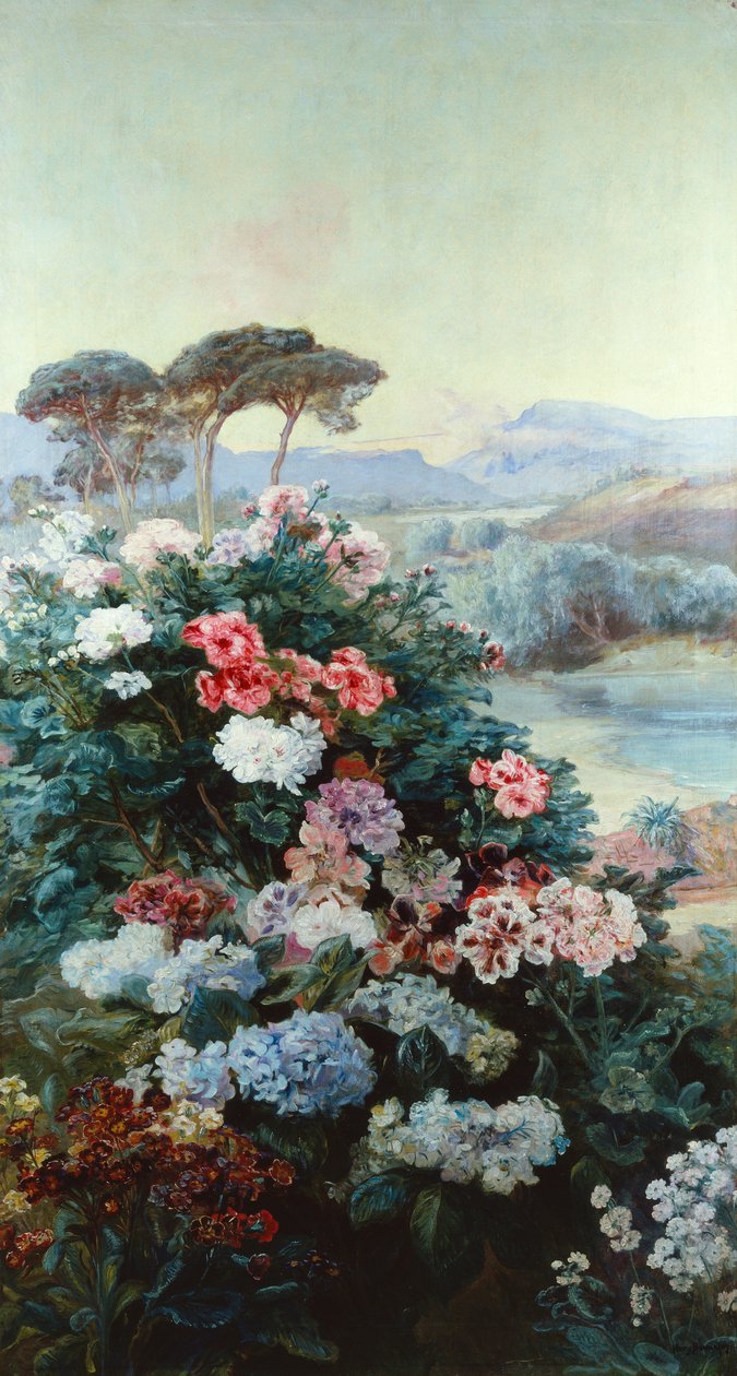 Kameliaer og andre blomster i et landskab (olie på lærred) af Henry Arthur Bonnefoy