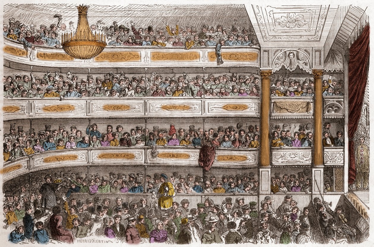 Auditoriet for Theatre des Funambules i Paris i det 19. århundrede - Theatre des Funambules, boulevard du Temple a Paris, i det 19. århundrede - Indgravering af Henri Valentin (1822-1886) i "Tableau-de-Paris" af Edmond Texier 1852 af Henry Augustin Valentin