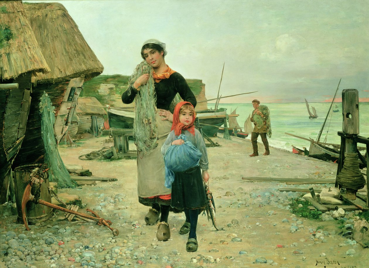 Fiskerfolk vender tilbage med deres net, Etretat af Henry Bacon