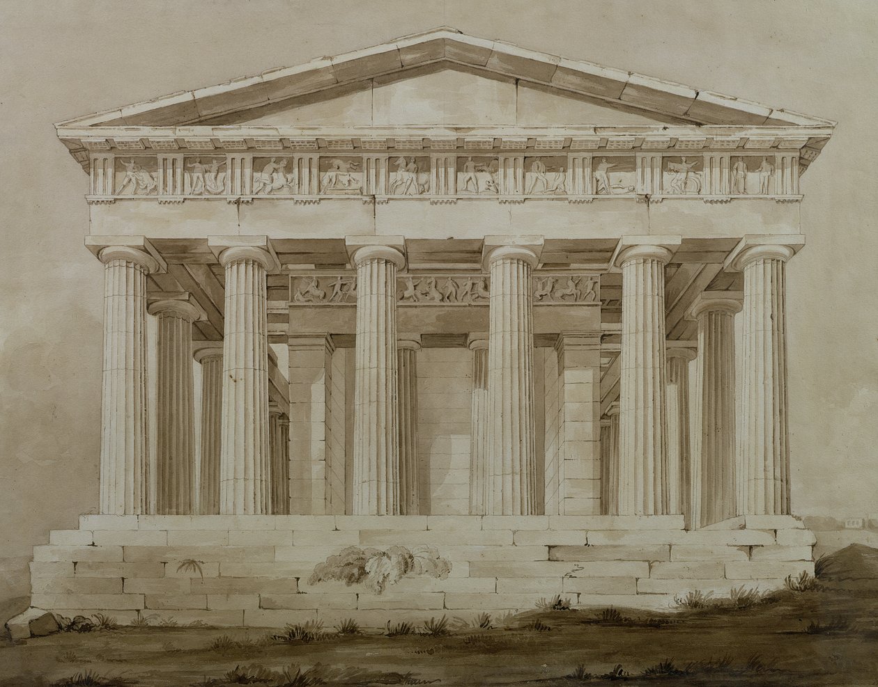 Hefaistos tempel, Athen (sepia wc på papir) af Henry Bailey