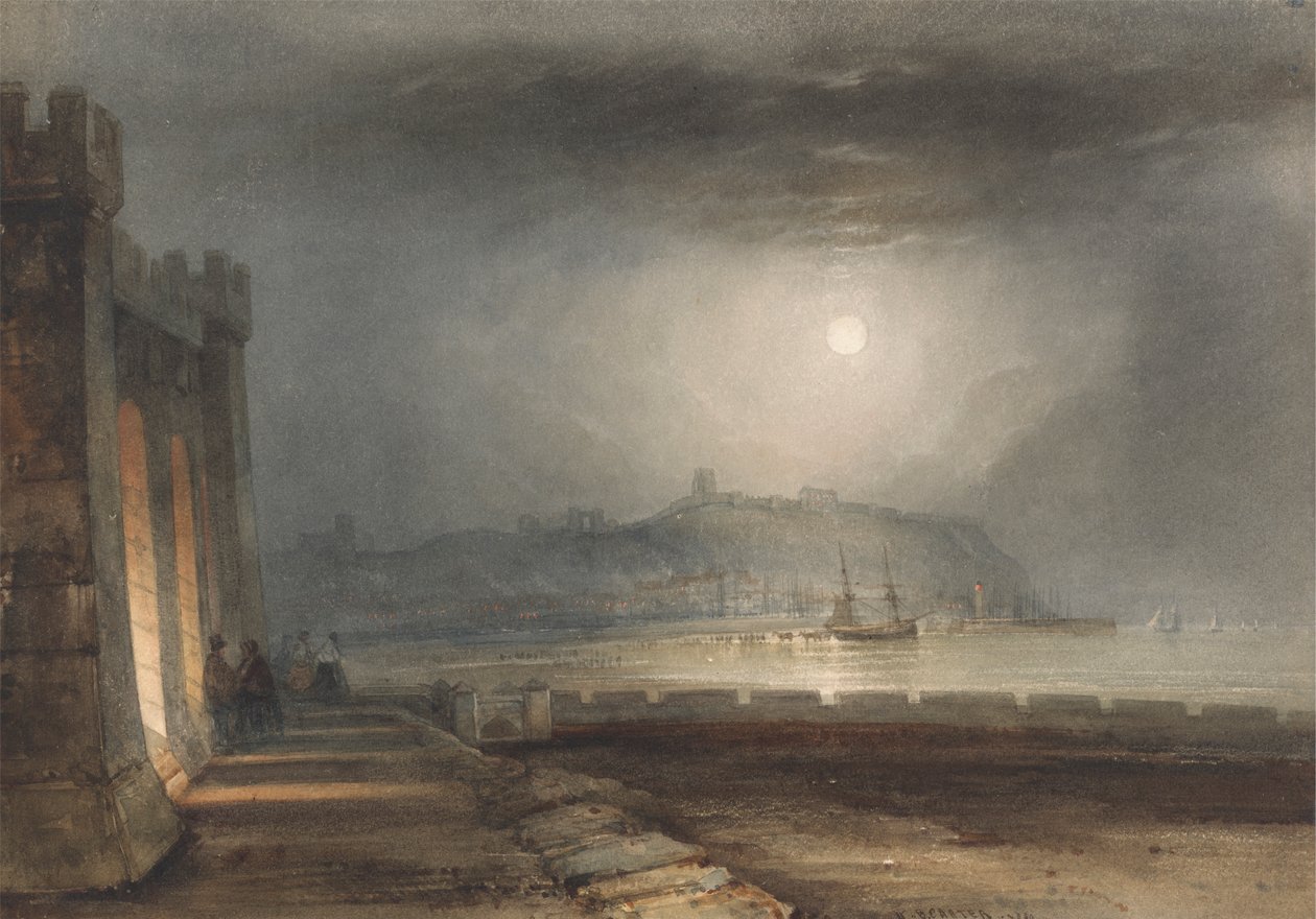 Scarborough Harbor, Yorkshire - Moonlight af Henry Barlow Carter